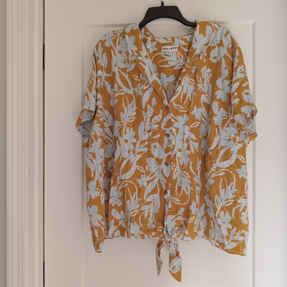 Ava & Viv Button Down Top Linen Rayon Excellent Tie At Waist 4X